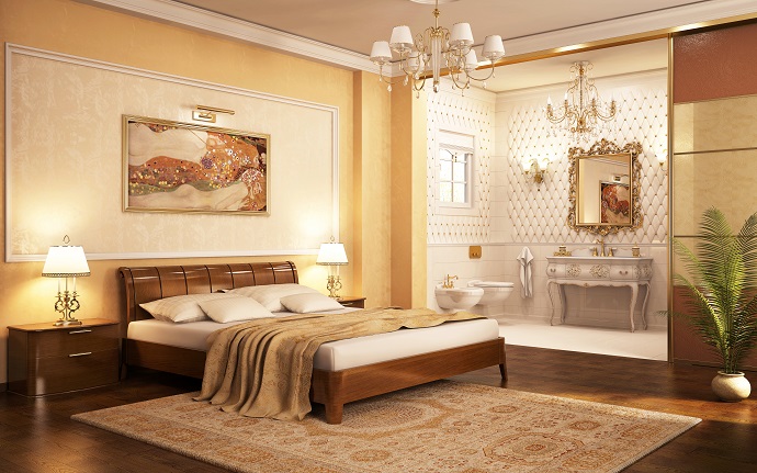 Sypialnia w stylu amerykanskim z dużym lóżkiem masterbadroom